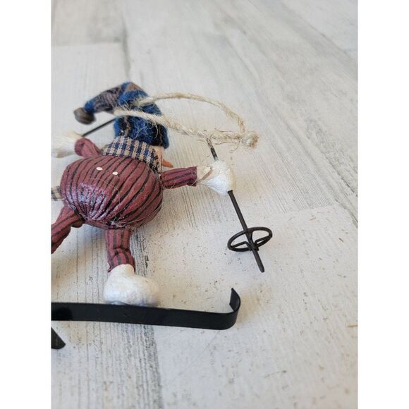 Rustic snowman skier skiing ornament Xmas hat bell - Picture 7 of 8